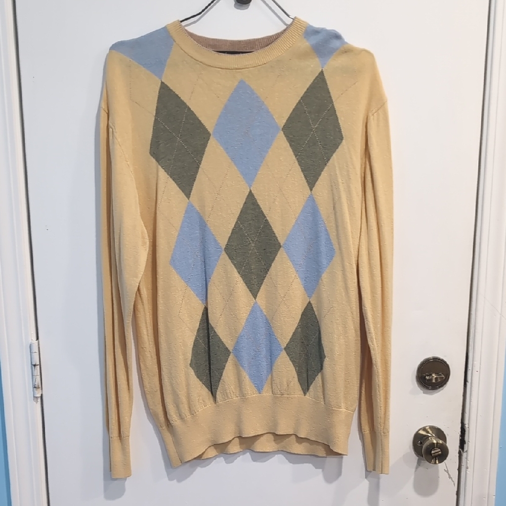 Northern Isles Argyle Men's Sweater Size Large Yellow/Blue/Green Silk/Cashmere